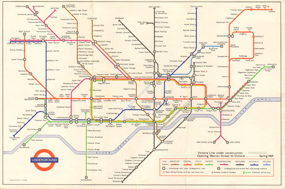 LONDON UNDERGROUND tube map plan. Victoria Line u/construction. GARBUTT #3 1968