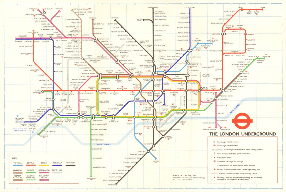 LONDON UNDERGROUND tube map. Under construction to Heathrow. GARBUTT #1 1977