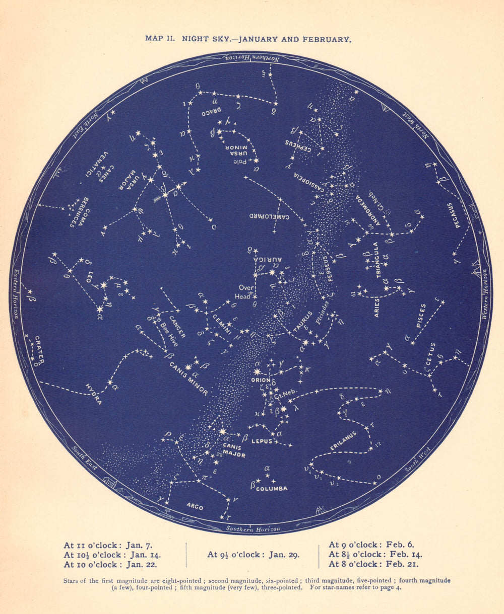 STAR MAP II. The Night Sky. January-February. Astronomy. PROCTOR 1887 old