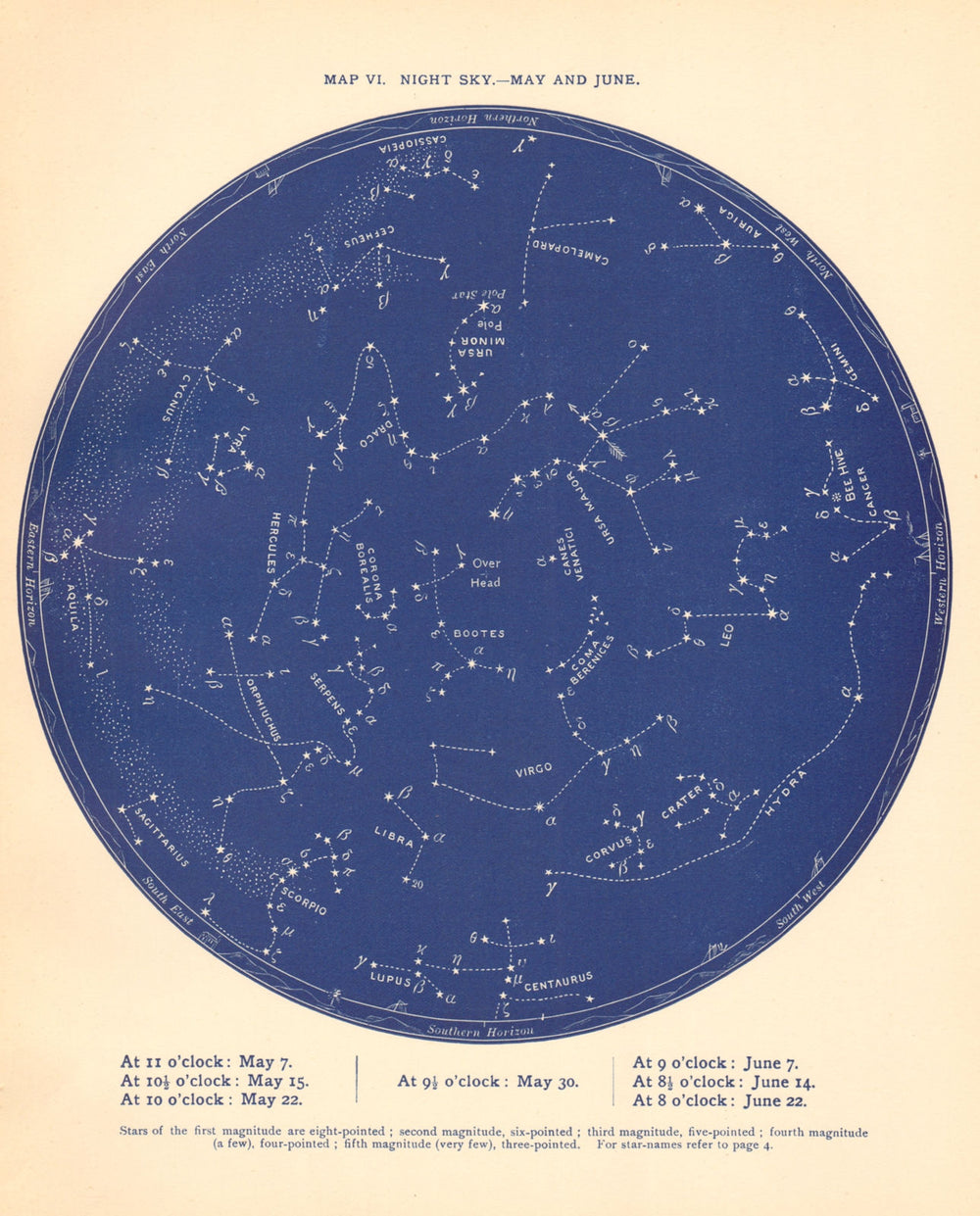 STAR MAP VI. The Night Sky. May-June. Astronomy. PROCTOR 1887 old antique