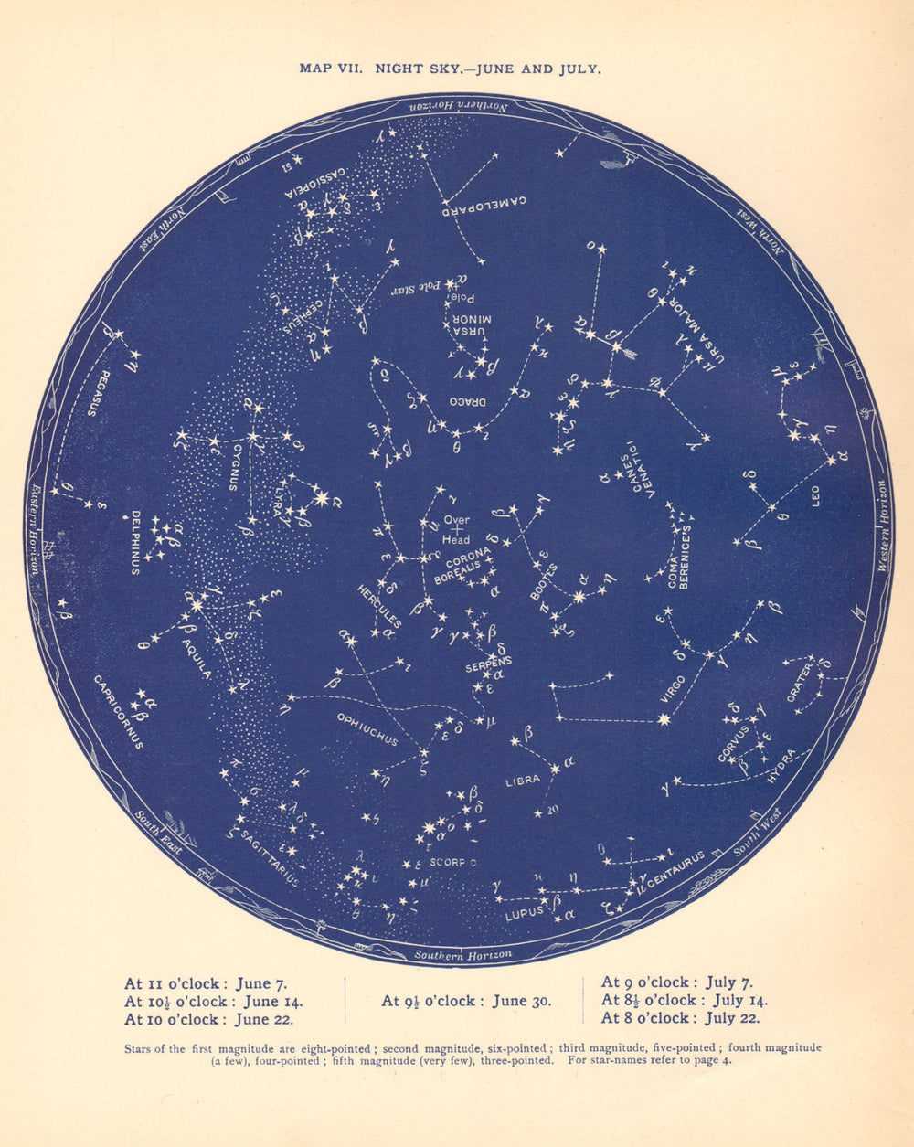 STAR MAP VII. The Night Sky. June-July. Astronomy. PROCTOR 1887 old