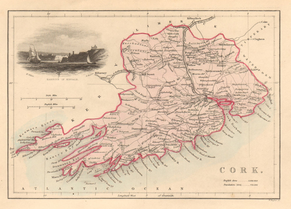 Antique CORK county map by Alfred ADLARD. Ireland 1843 old chart