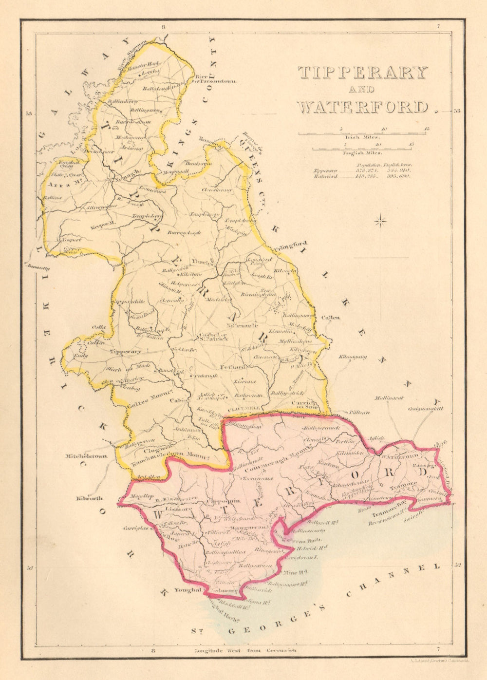 Antique TIPPERARY AND WATERFORD county map by Alfred ADLARD. Ireland 1843