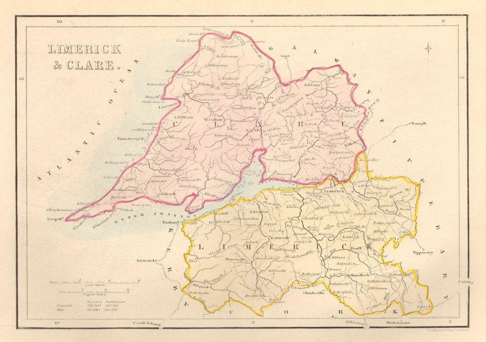 Antique LIMERICK & CLARE county map by Alfred ADLARD. Ireland 1843 old