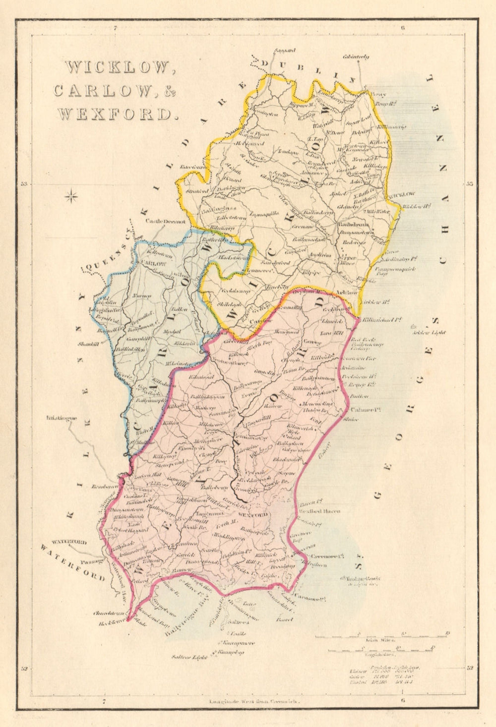 Antique WICKLOW, CARLOW & WEXFORD county map by Alfred ADLARD. Ireland 1843