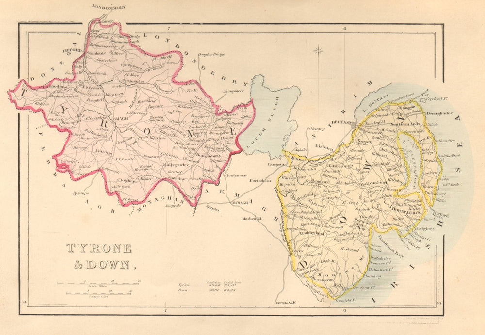 Antique TYRONE & DOWN county map by Alfred ADLARD. Northern Ireland Ulster 1843
