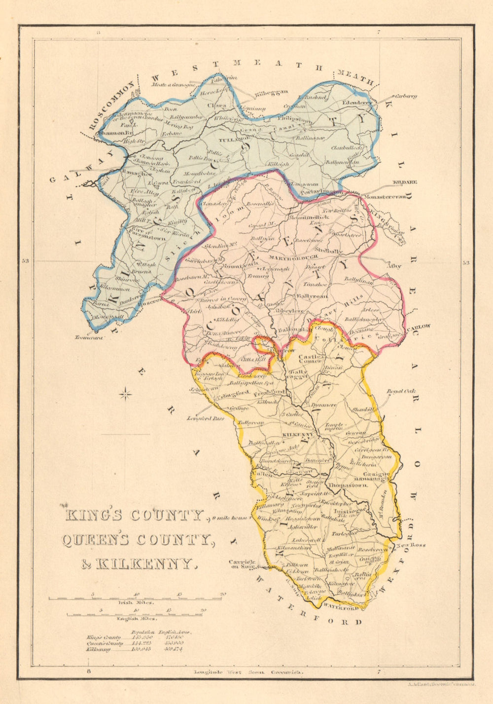 Antique KING'S & QUEEN'S COUNTY & KILKENNY map. ADLARD. Offaly Laois 1843
