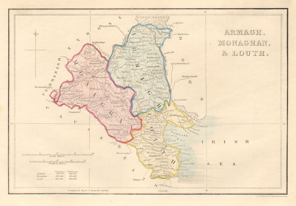 Antique ARMAGH, MONAGHAN & LOUTH county map. ADLARD Northern Ireland Ulster 1843