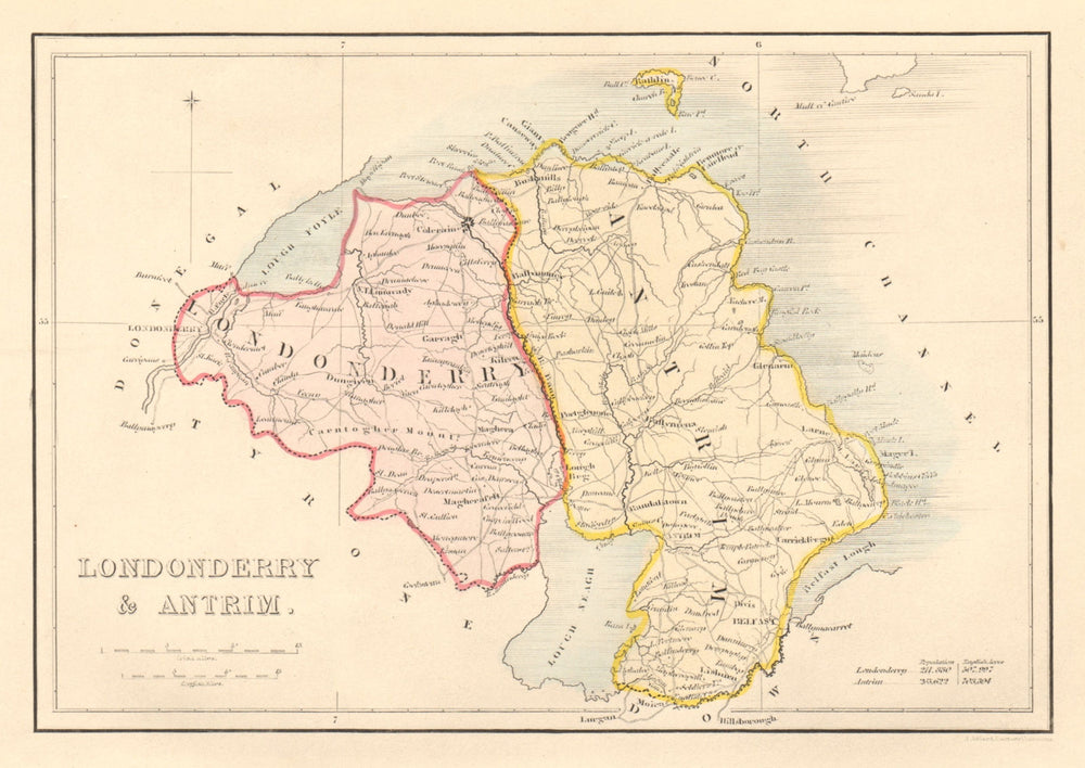 Antique LONDONDERRY & ANTRIM county map. ADLARD. Northern Ireland Ulster 1843