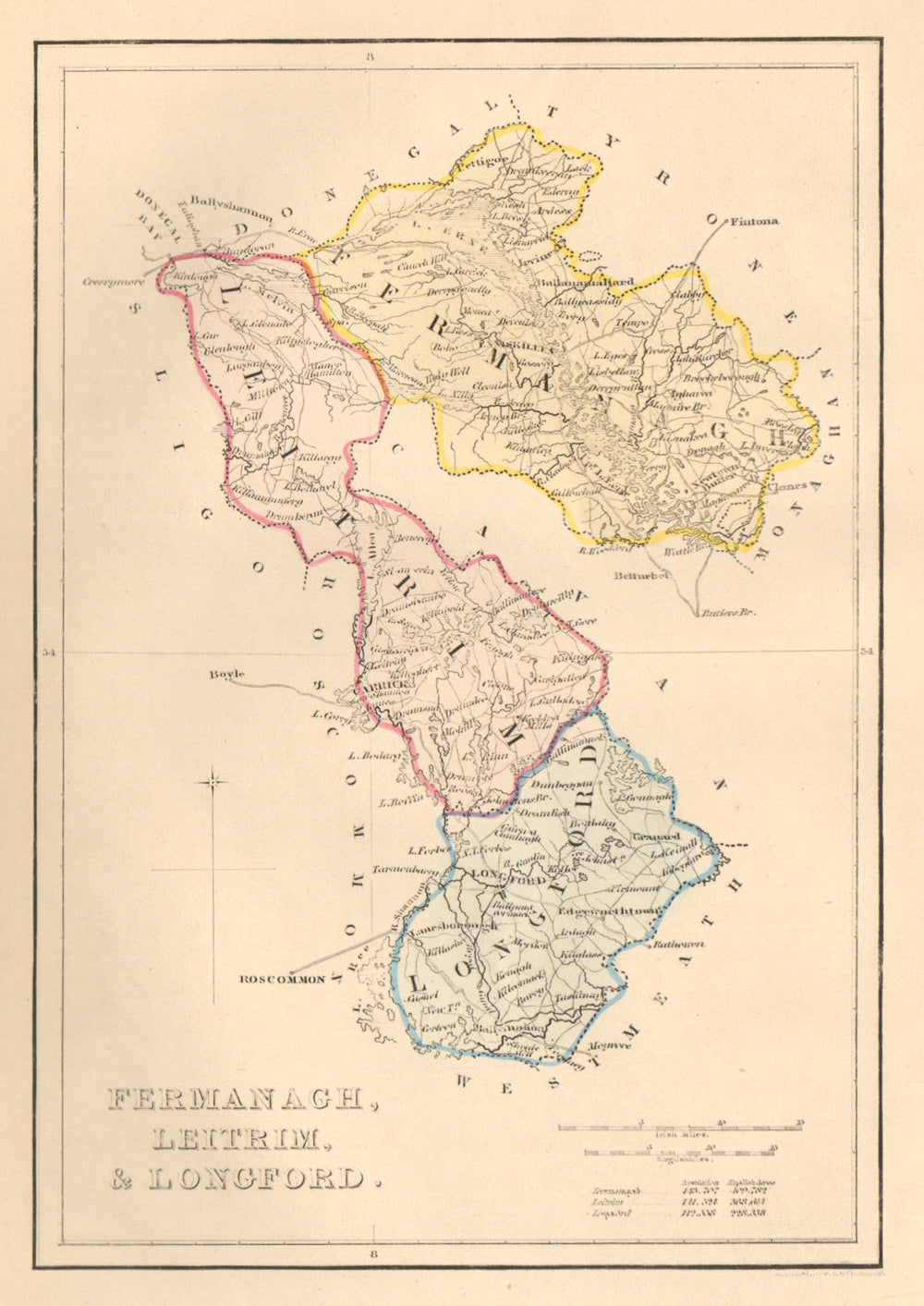 Antique FERMANAGH, LEITRIM, & LONGFORD county map. ADLARD. Ireland Ulster 1843