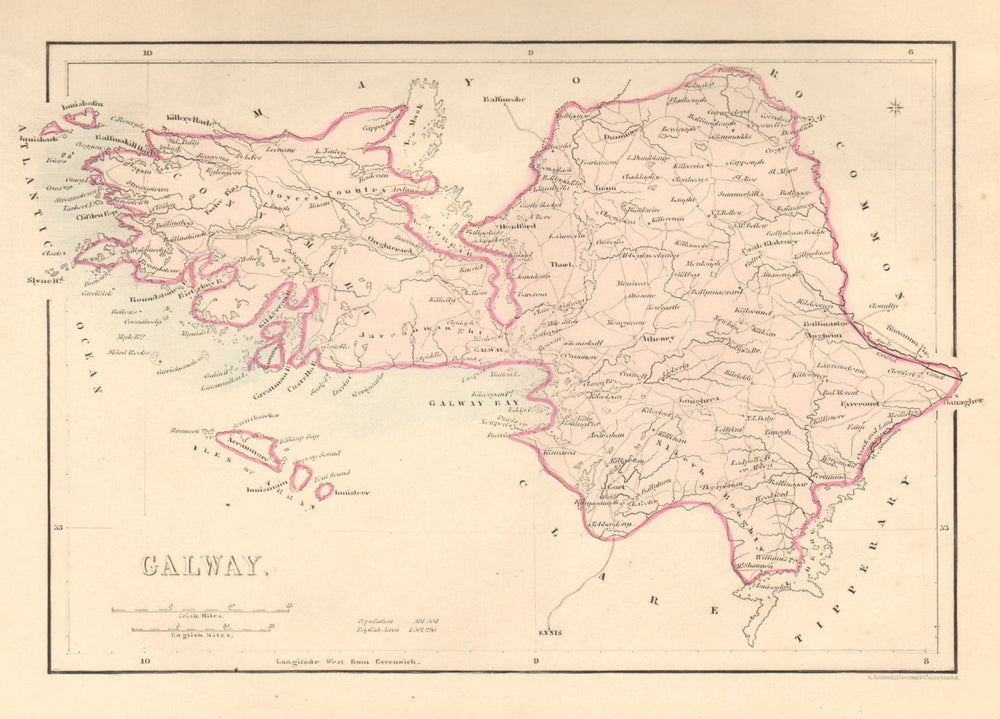 Antique GALWAY county map by Alfred ADLARD. Ireland 1843 old chart