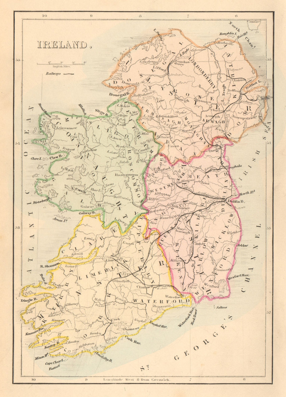 Antique map of IRELAND with railways, counties & provinces by Alfred ADLARD 1843