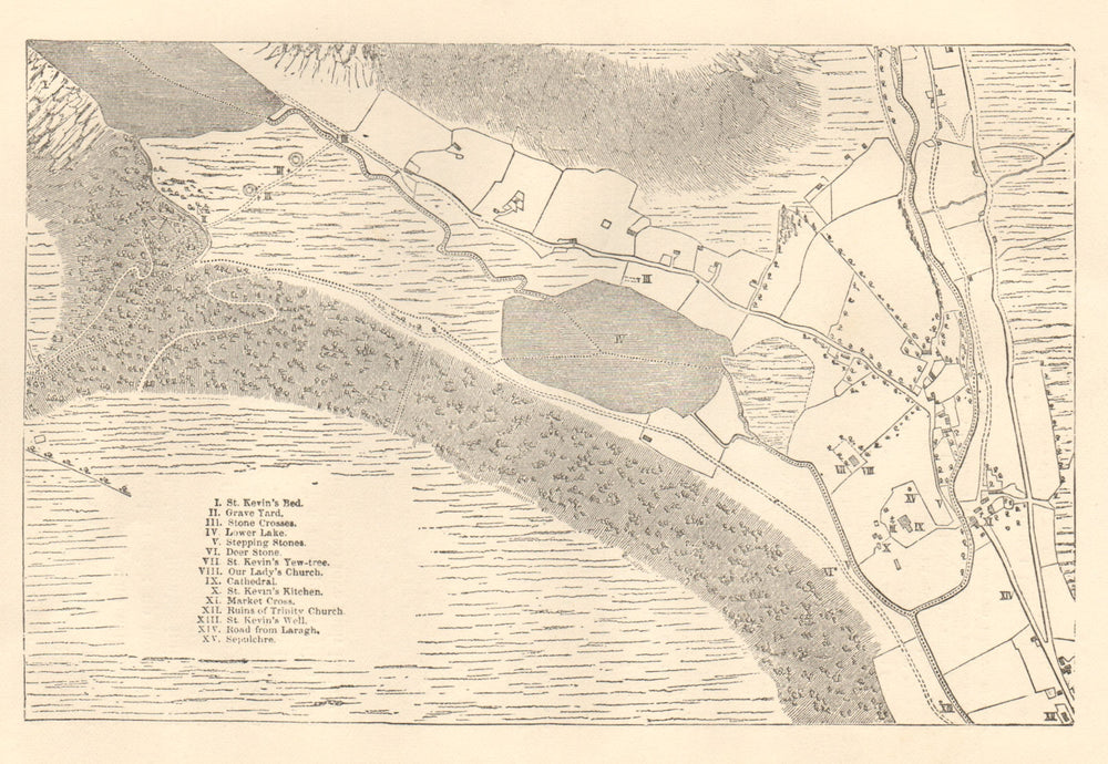 Map of Glendalough, County Wicklow. Ireland 1843 old antique plan chart