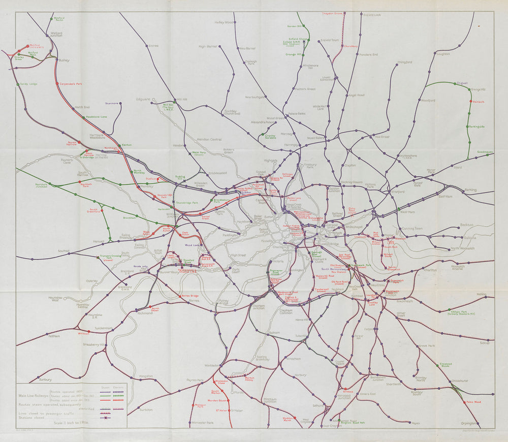 London Main Line Railway development 1900-1930 Electrification STANFORD 1931 map