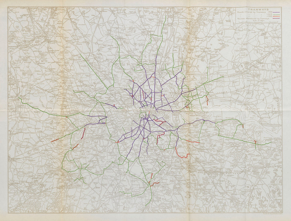 London Tramways. Development 1900-1930. STANFORD 1931 old vintage map chart