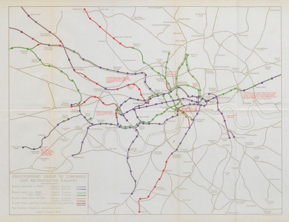 London Underground tube development 1900-1930 Electrification. STANFORD 1931 map