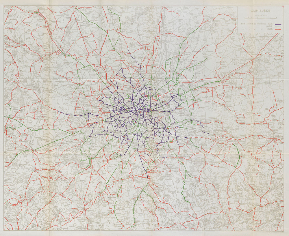 London omnibus route development 1900-1930. STANFORD 1931 old vintage map