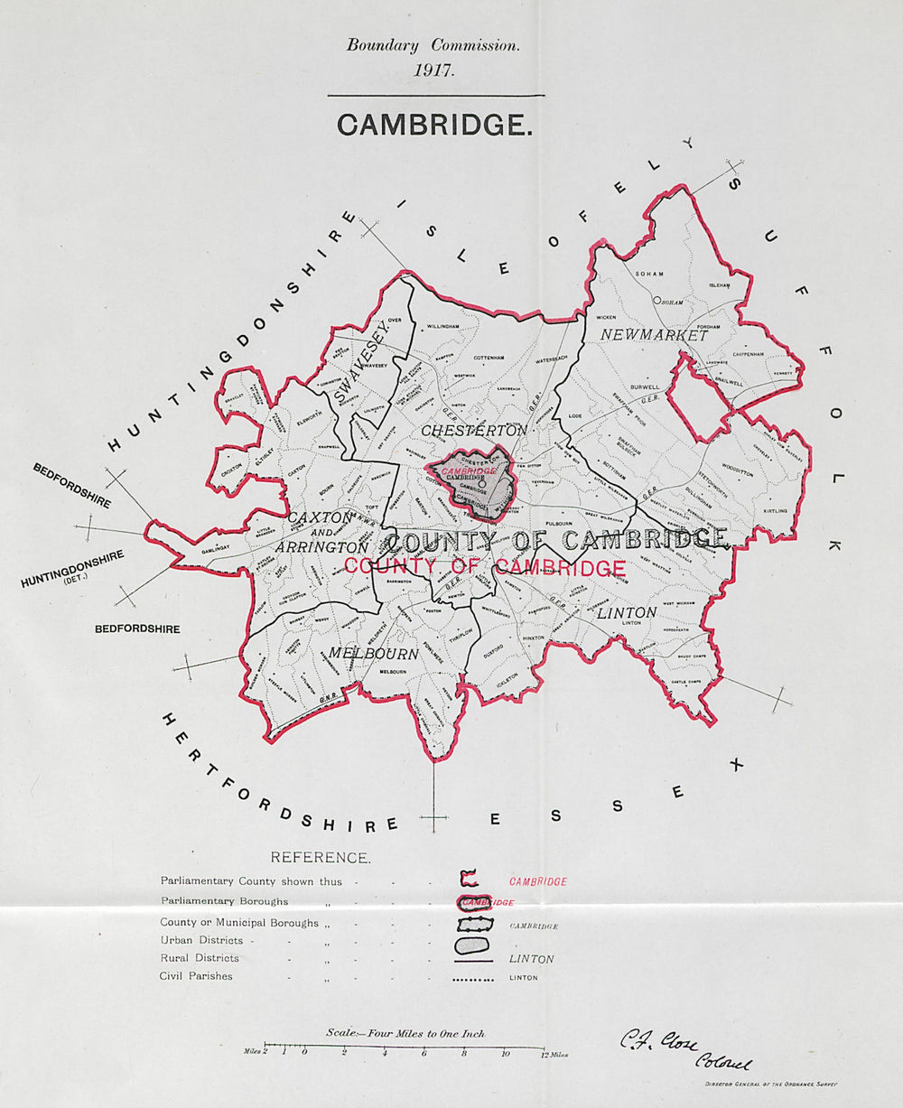 Cambridge Parliamentary County. BOUNDARY COMMISSION. Close 1917 old map
