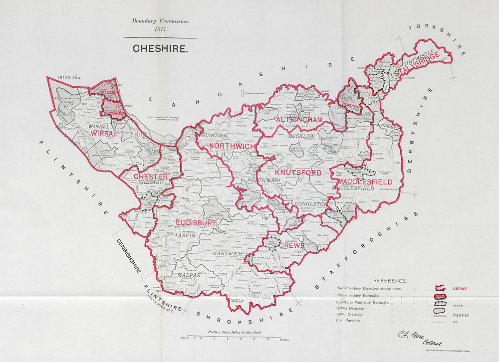 Cheshire Parliamentary County. BOUNDARY COMMISSION. Close 1917 old antique map