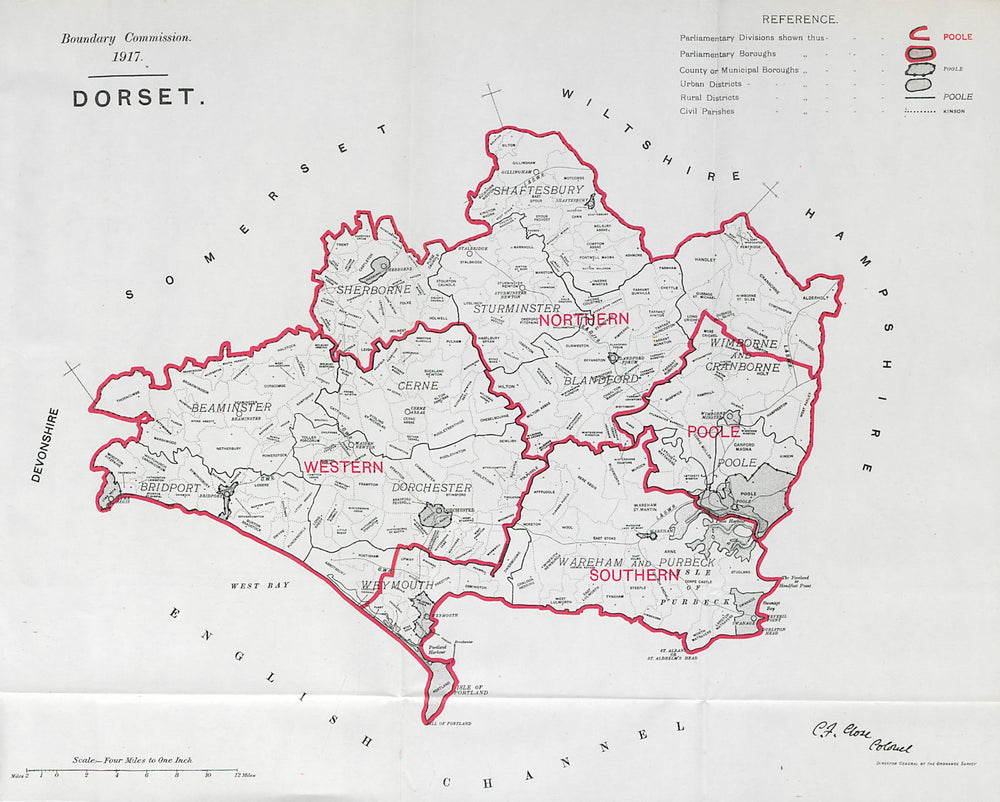 Dorset Parliamentary County. BOUNDARY COMMISSION. Close 1917 old antique map