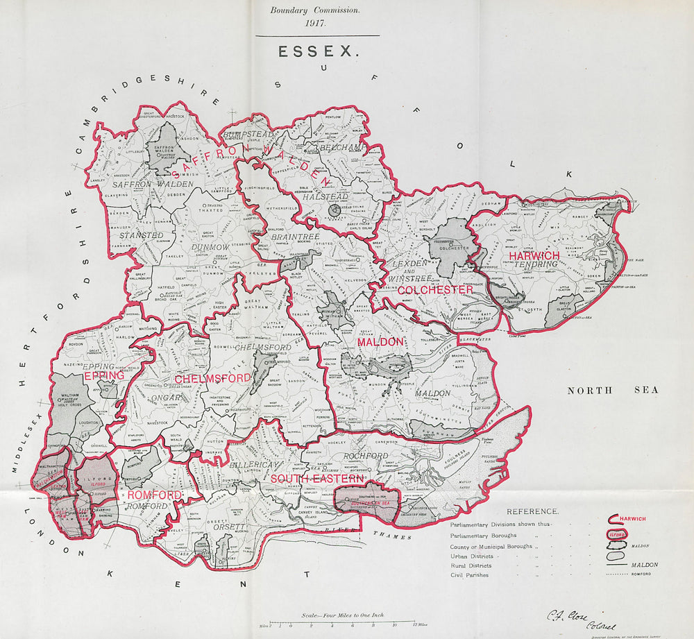 Essex Parliamentary County. BOUNDARY COMMISSION. Close 1917 old antique map