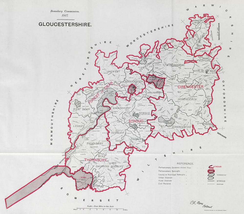 Gloucestershire Parliamentary County. BOUNDARY COMMISSION. Close 1917 old map