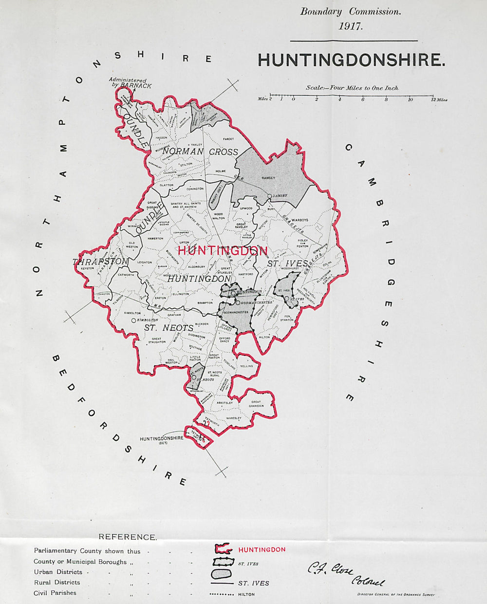 Huntingdonshire Parliamentary County. BOUNDARY COMMISSION. Close 1917 old map