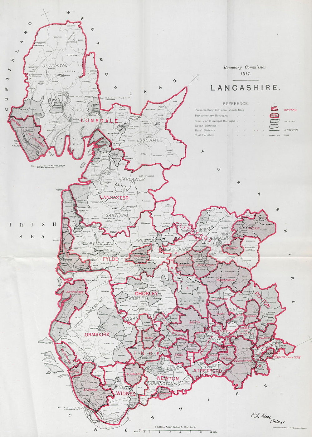 Lancashire Parliamentary County. BOUNDARY COMMISSION. Close 1917 old map
