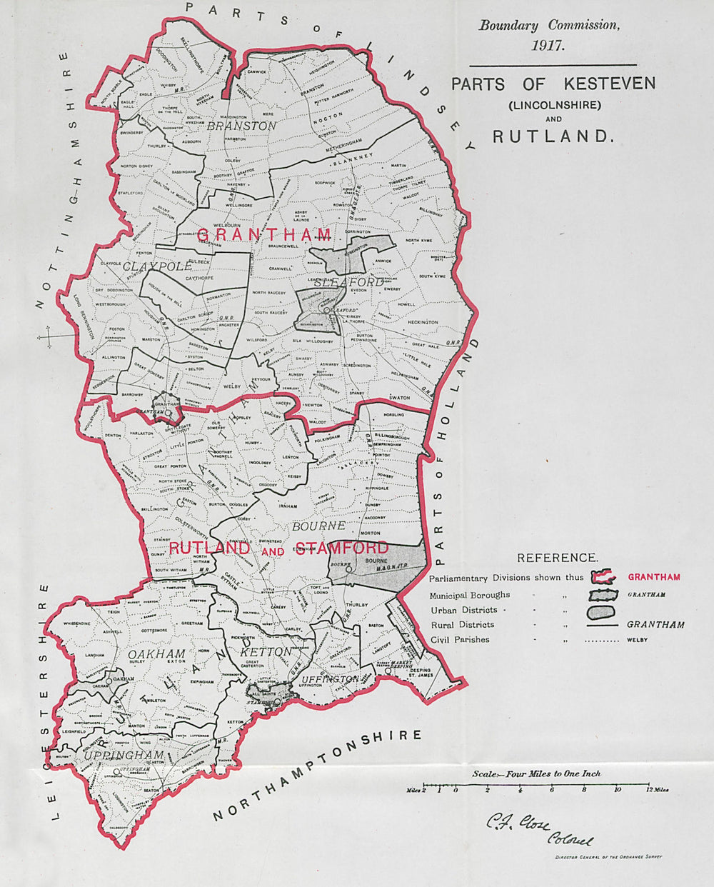 Kesteven (Lincs) & Rutland Parliamentary County. BOUNDARY COMMISSION 1917 map