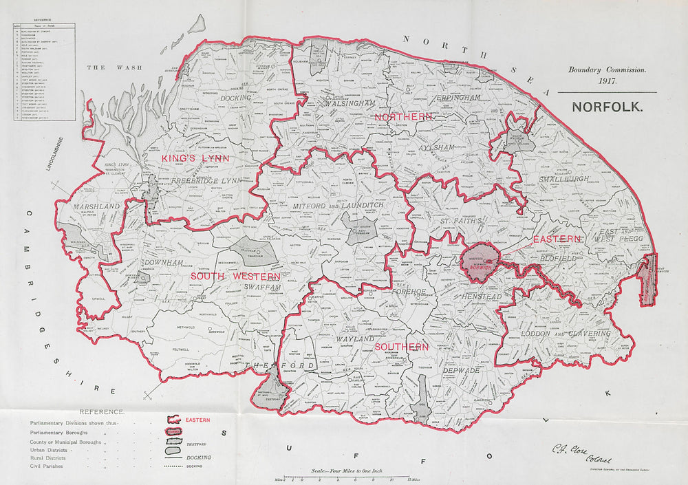 Norfolk Parliamentary County. BOUNDARY COMMISSION. Close 1917 old antique map