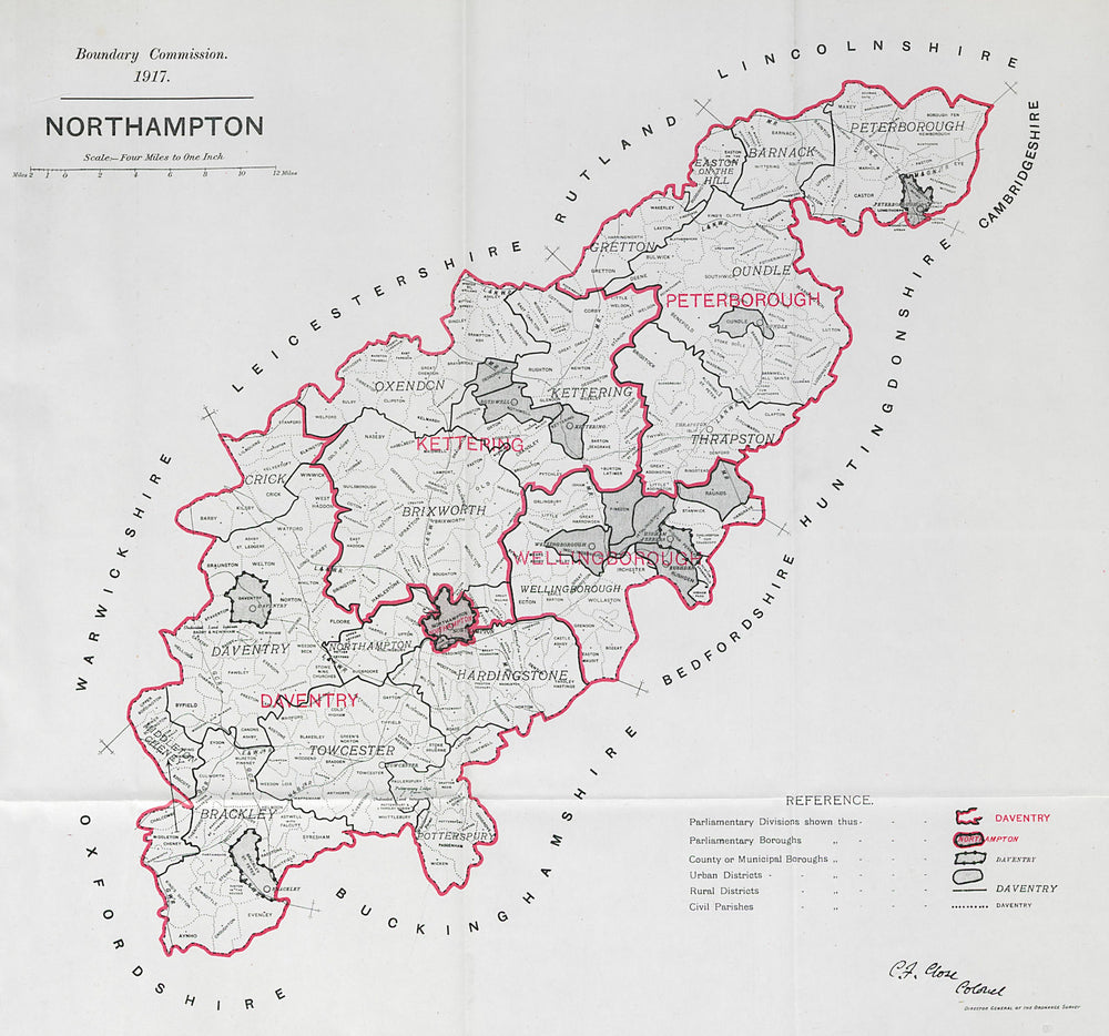 Northamptonshire Parliamentary County. BOUNDARY COMMISSION. Close 1917 old map