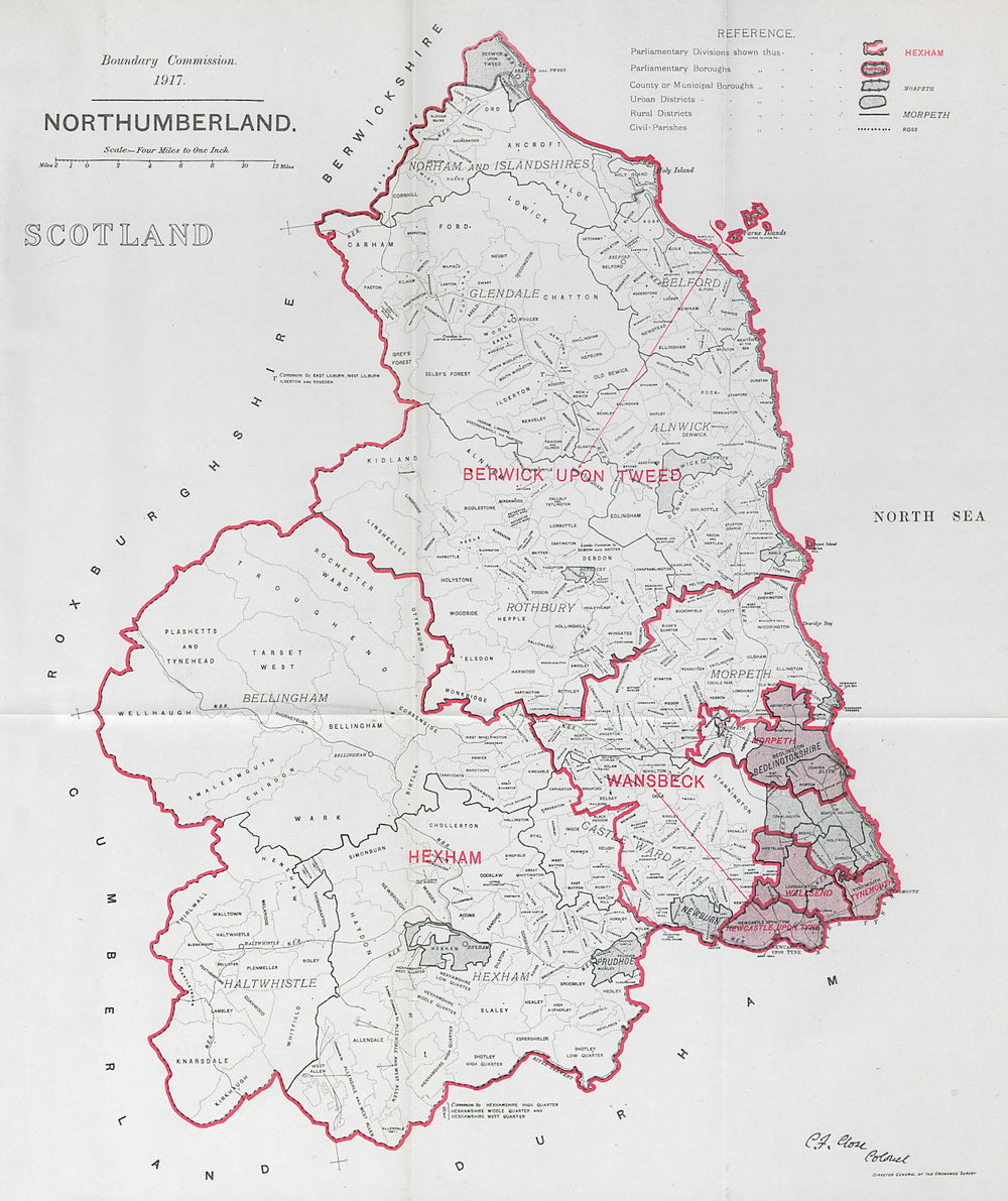 Northumberland Parliamentary County. BOUNDARY COMMISSION. Close 1917 old map