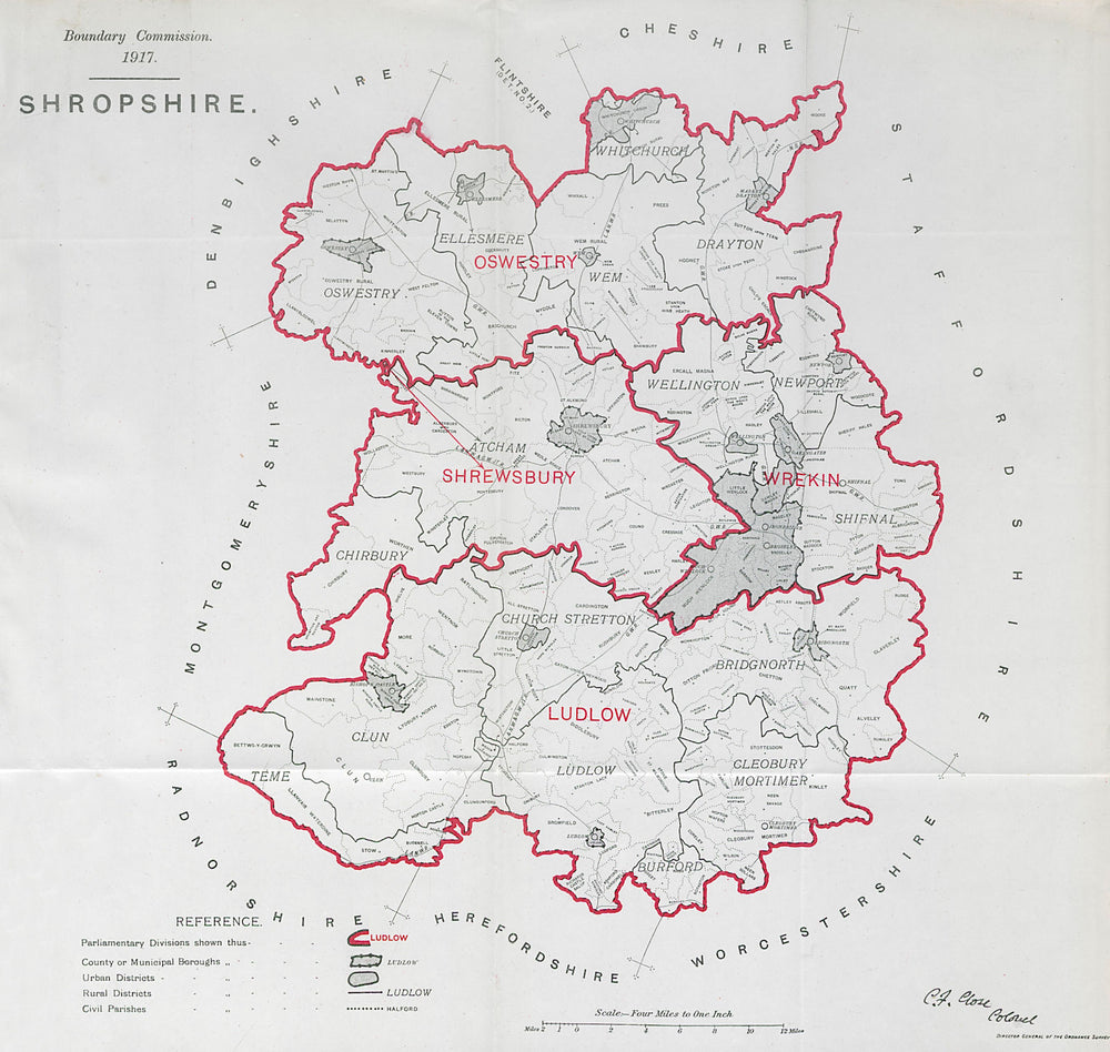 Shropshire Parliamentary County. BOUNDARY COMMISSION. Close 1917 old map