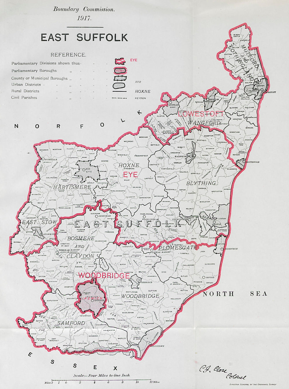 East Suffolk Parliamentary County. BOUNDARY COMMISSION. Close 1917 old map