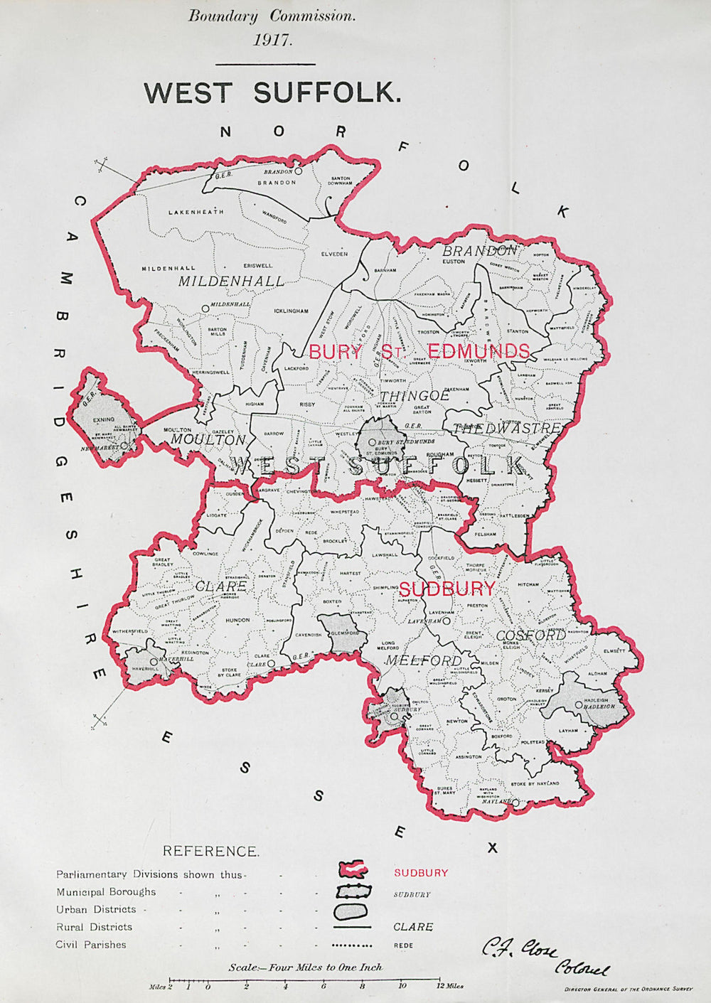West Suffolk Parliamentary County. BOUNDARY COMMISSION. Close 1917 old map