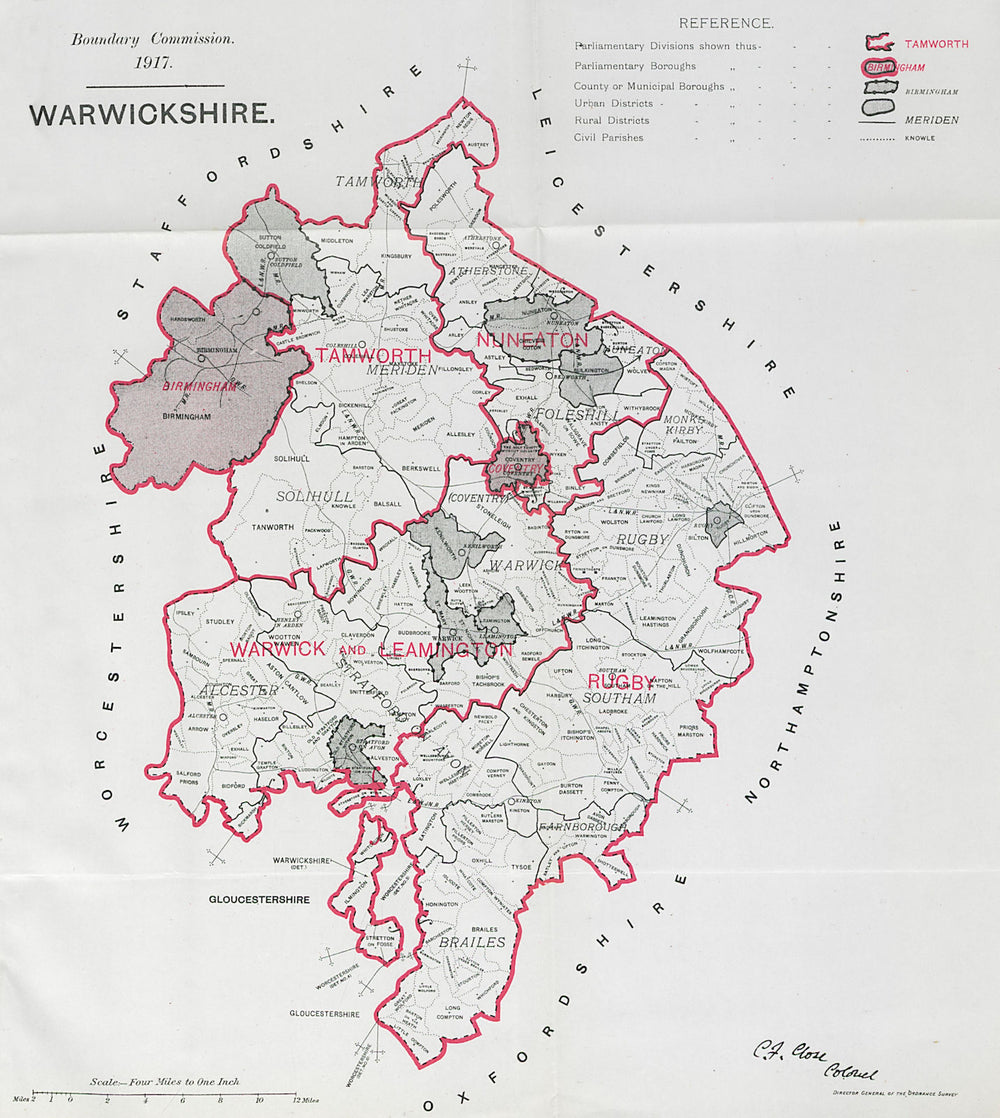 Warwickshire Parliamentary County. BOUNDARY COMMISSION. Close 1917 old map