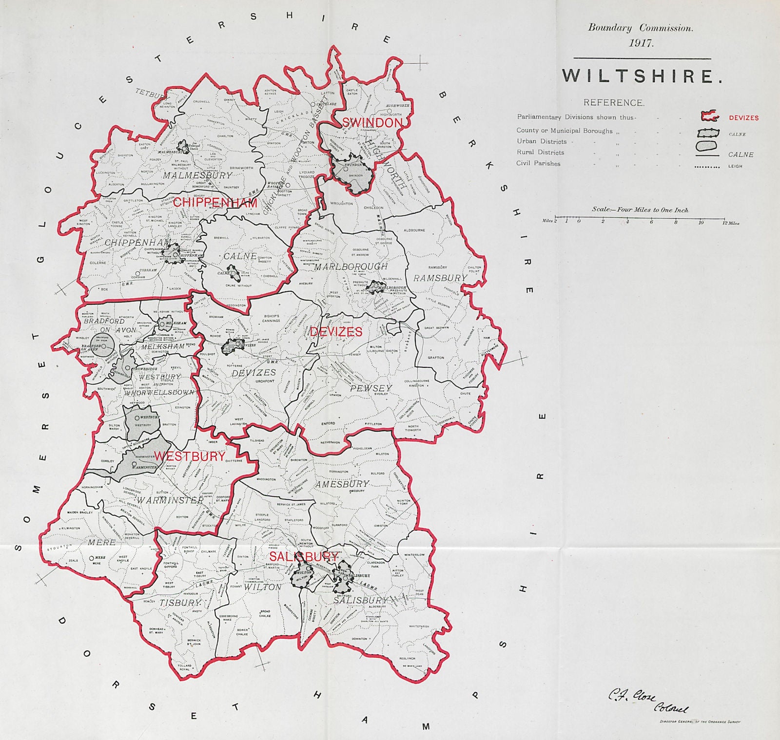 Wiltshire Parliamentary County. BOUNDARY COMMISSION. Close 1917 old map ...