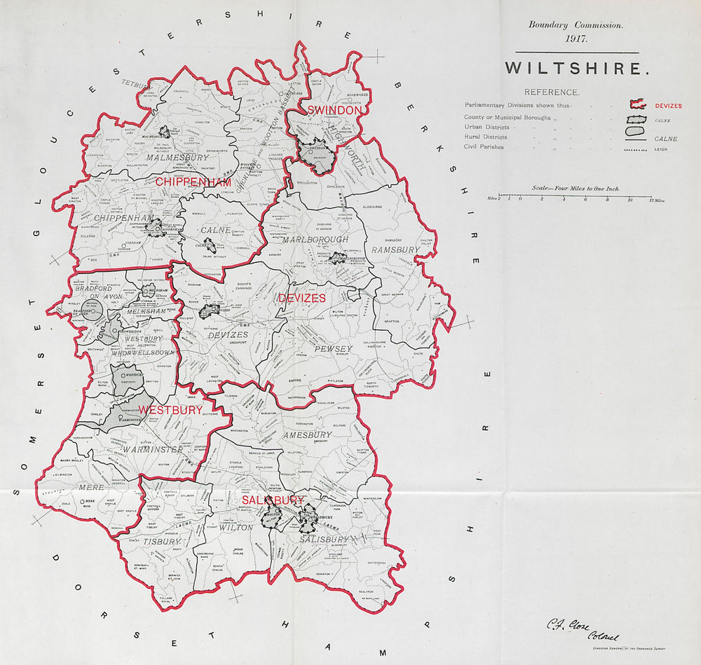 Wiltshire Parliamentary County. BOUNDARY COMMISSION. Close 1917 old map
