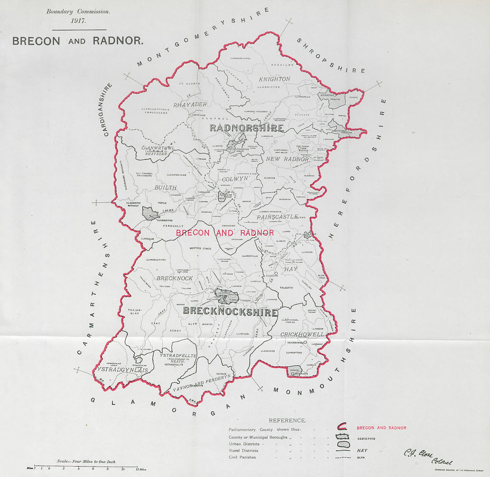 Brecon & Radnor Parliamentary County. Wales. BOUNDARY COMMISSION. Close 1917 map