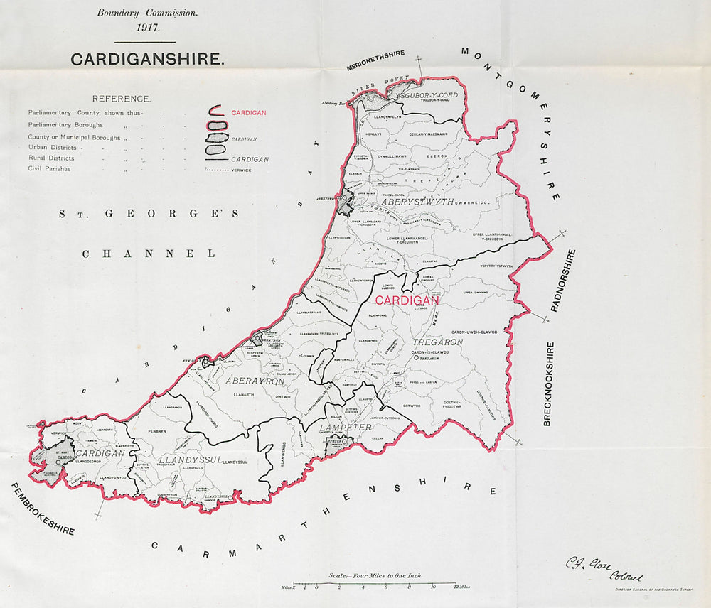 Cardiganshire Parliamentary County. Wales. BOUNDARY COMMISSION. Close 1917 map