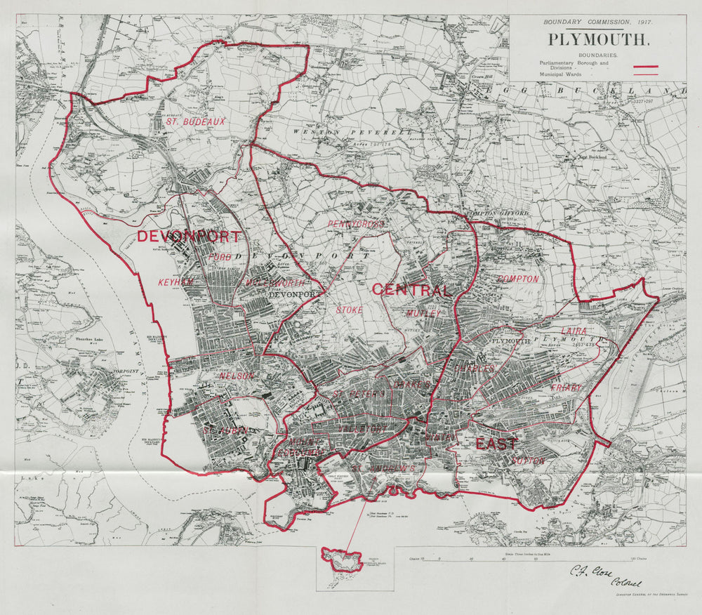 Plymouth Parliamentary Borough. Devonport. BOUNDARY COMMISSION. Close 1917 map