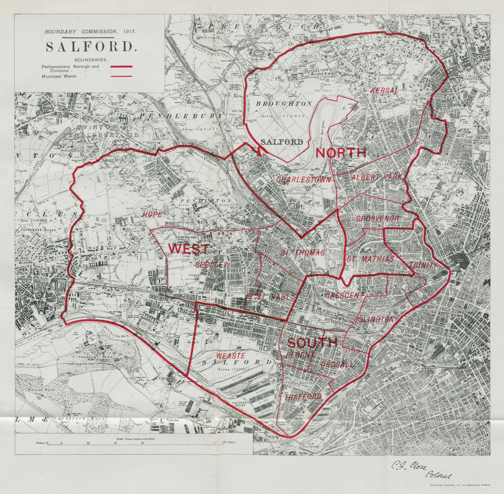 Salford Parliamentary Borough. Manchester. BOUNDARY COMMISSION. Close 1917 map