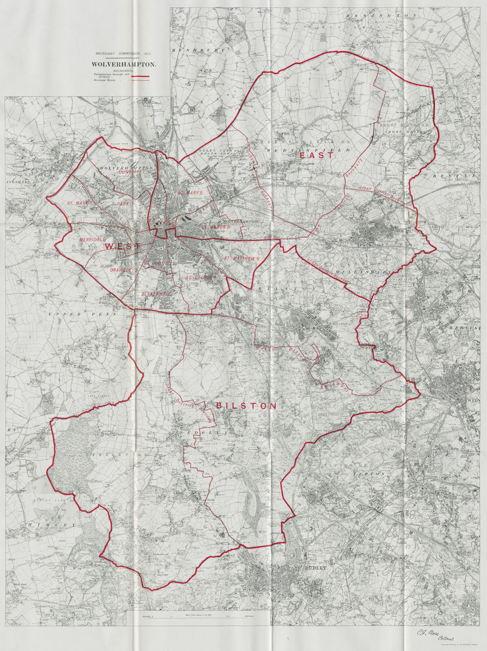 Wolverhampton Parliamentary Borough. Bilston. BOUNDARY COMMISSION 1917 old map