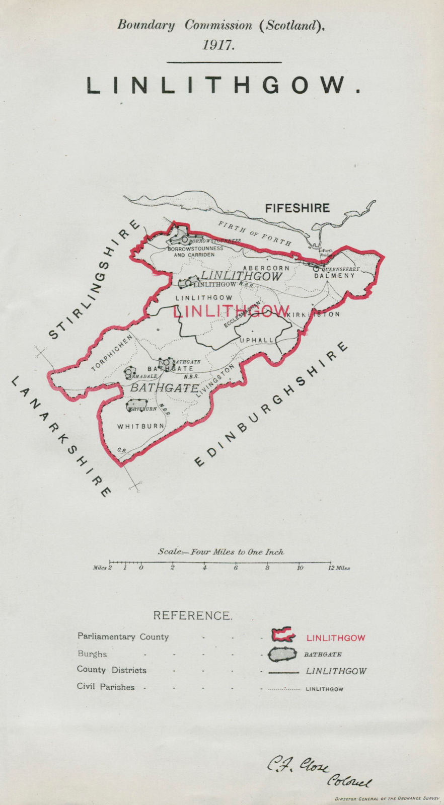Linlithgow Parliamentary County. Scotland. BOUNDARY COMMISSION. Close 1917 map