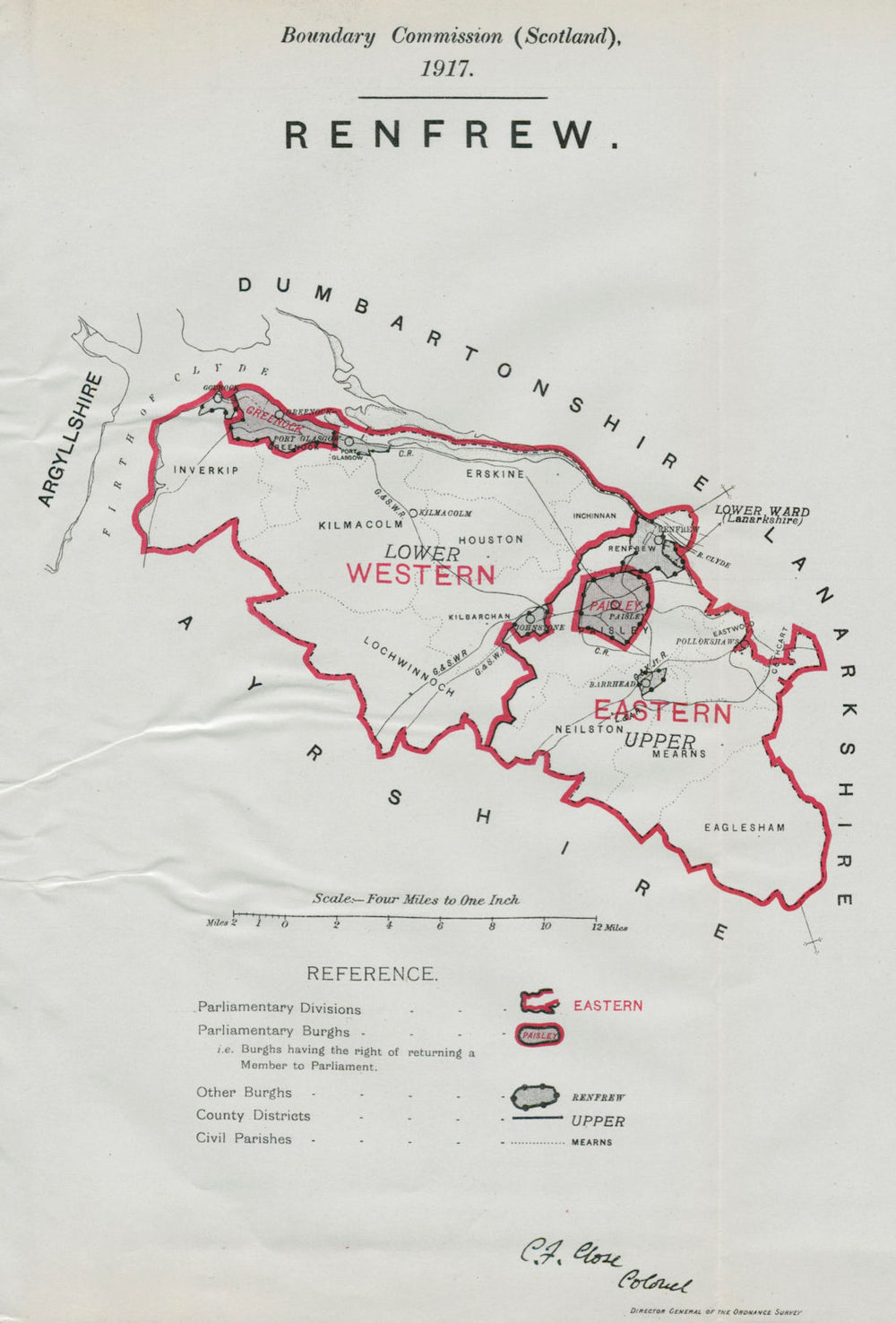 Renfrew Parliamentary County. Scotland. BOUNDARY COMMISSION. Close 1917 map