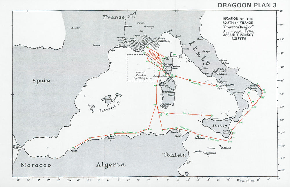 South of France invasion. Operation Dragoon 1944 Assault Convoy Routes 1994 map