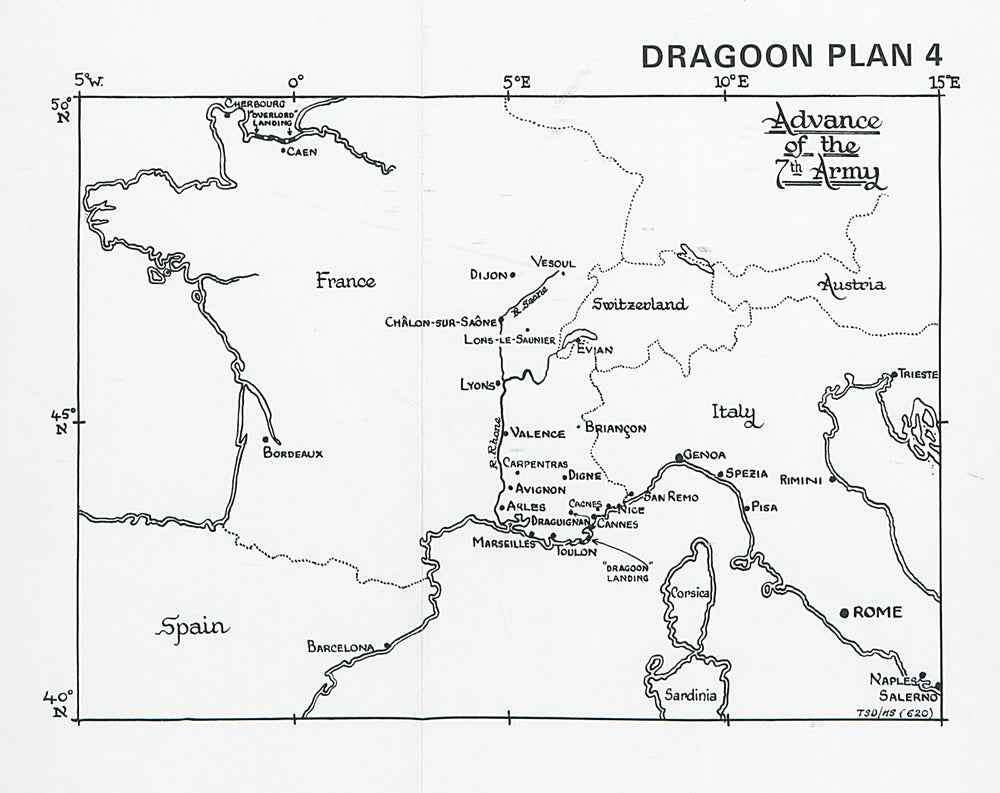 South of France invasion. Operation Dragoon 1944. 7th Army advance 1994 map