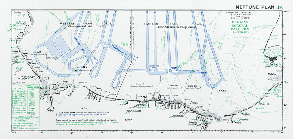 Normandy Landings D-Day Neptune. German Coastal Batteries 14 April 1944 1994 map