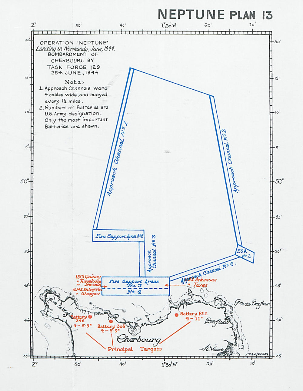 Normandy Landings. D-Day. Bombardment of Cherbourg 25 June 1944 1994 old map