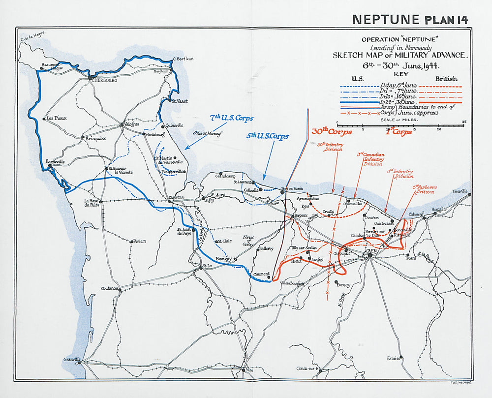 Operation Neptune. Normandy Landings. D-Day. Advance 6-30 June 1944 1994 map